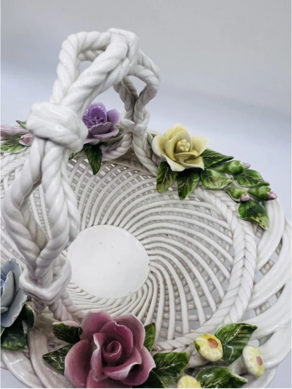 Vintage Spanish Woven Porcelain Basket White 3D Floral Pastel Made In Spain